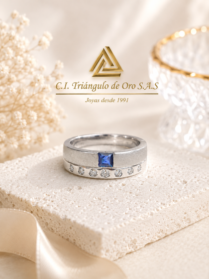 Anillo En Oro Blanco 18K Con Zafiro y Diamantes