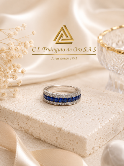 Anillo En Oro Blanco 18K Con Zafiros y Diamantes