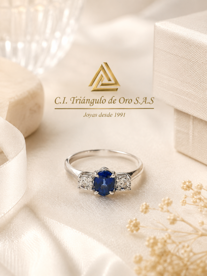 Anillo En Oro Blanco 18K Con Zafiro y Diamantes