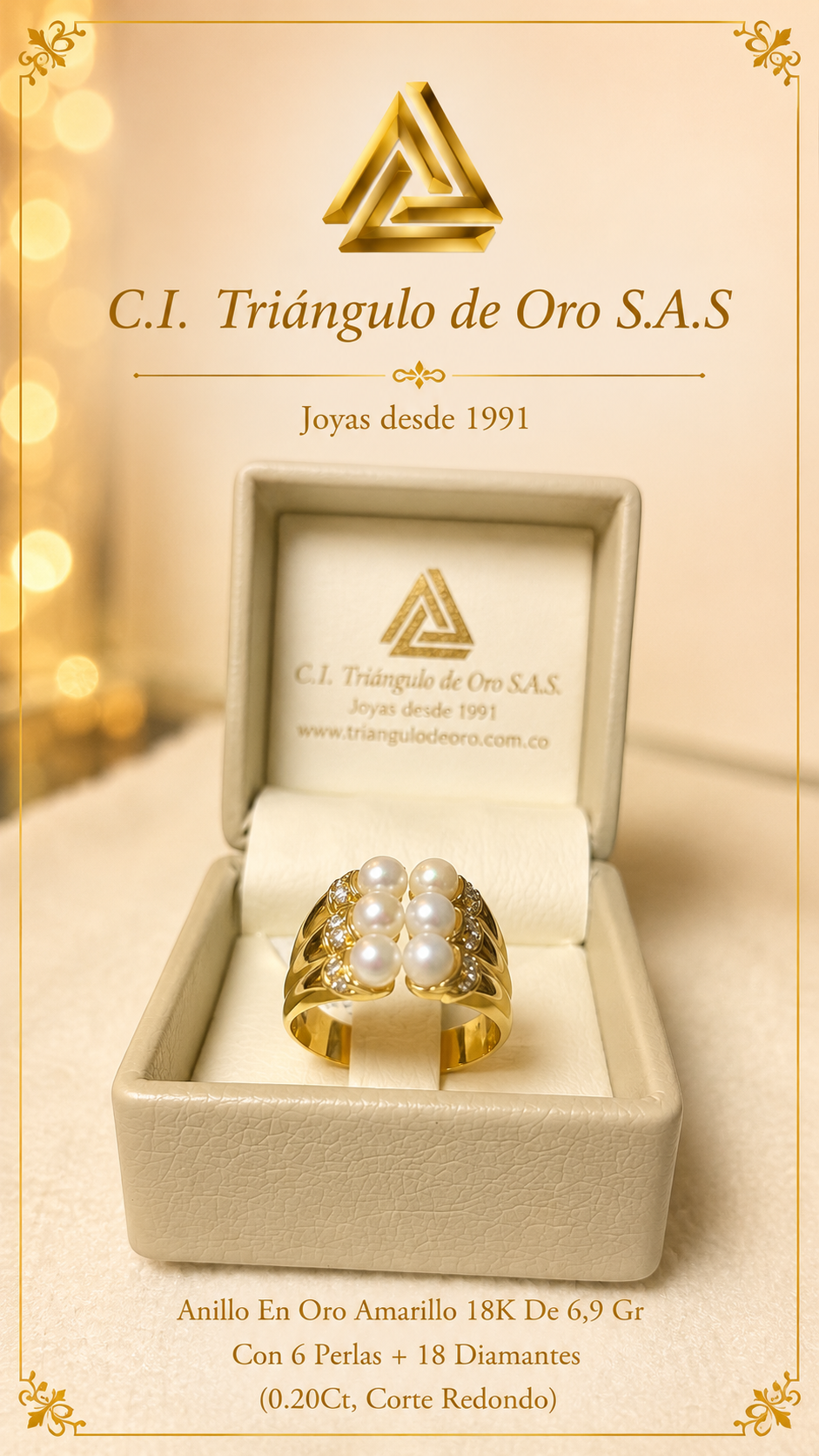 Anillo En Oro Amarillo 18K Con Perlas y Diamantes