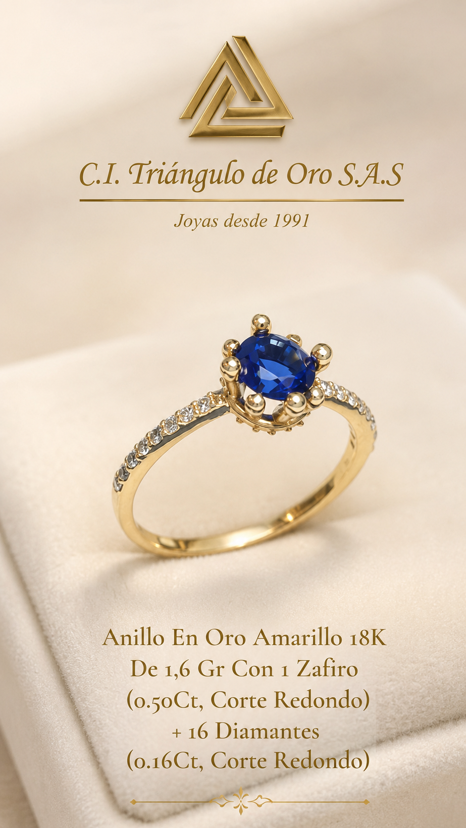 Anillo En Oro Amarillo 18K Con Zafiro y Diamantes