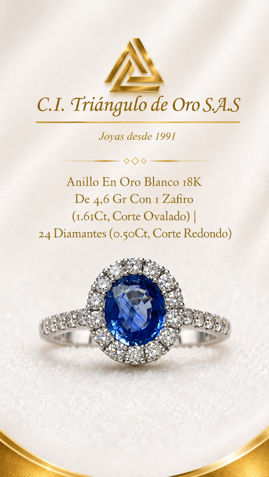 Anillo En Oro Blanco 18K Con Zafiro y Diamantes