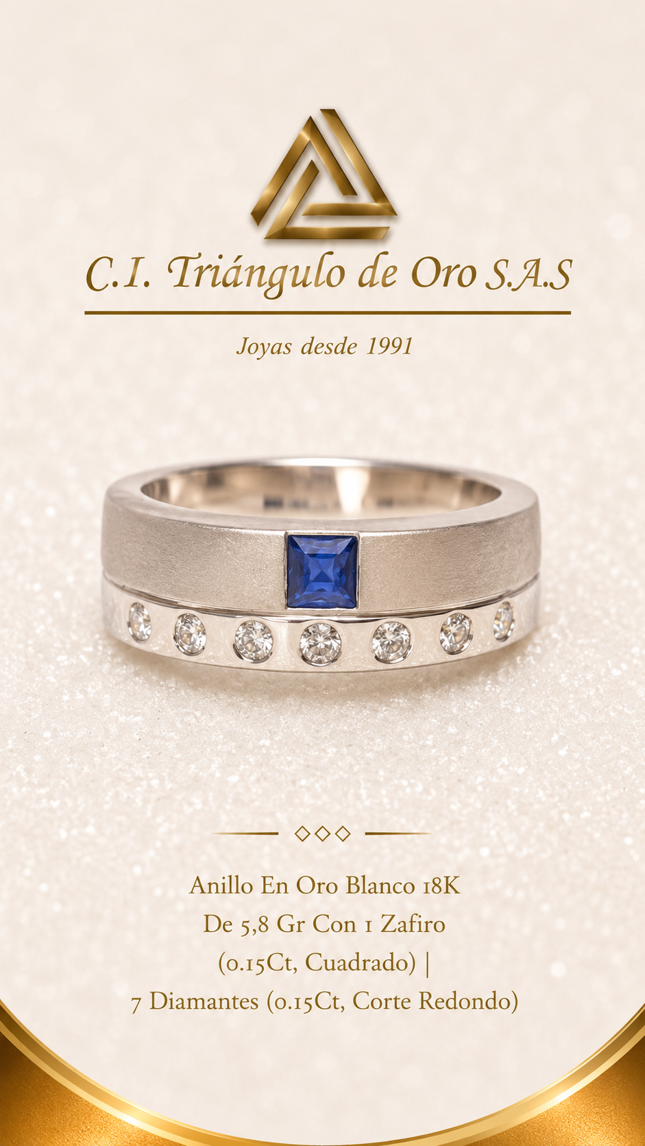 Anillo En Oro Blanco 18K Con Zafiro y Diamantes