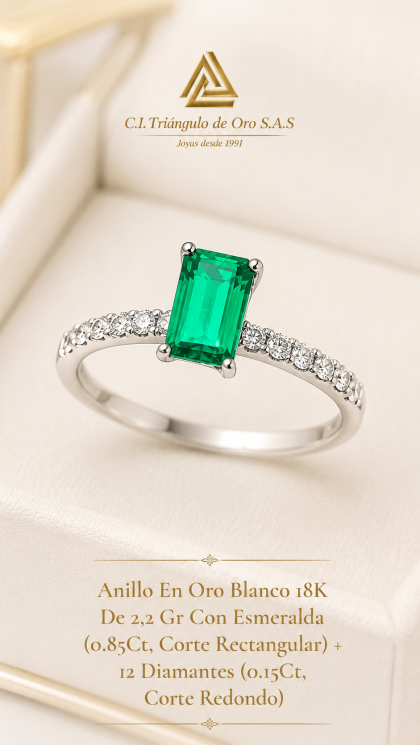 Anillo En Oro Blanco 18K Con Esmeralda y Diamantes