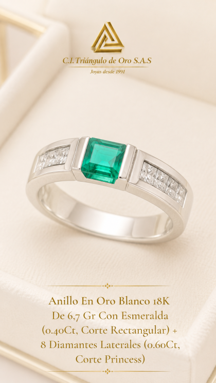 Anillo En Oro Blanco 18K Con Esmeralda y Diamantes