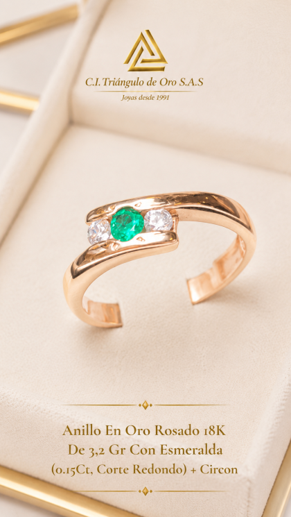Anillo En Oro Rosado 18K Con Esmeralda y Circon
