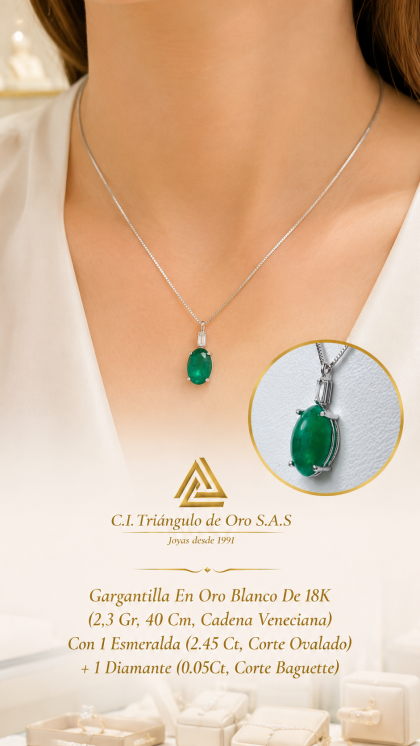 Gargantilla en Oro Blanco 18K Con Esmeralda y Diamante