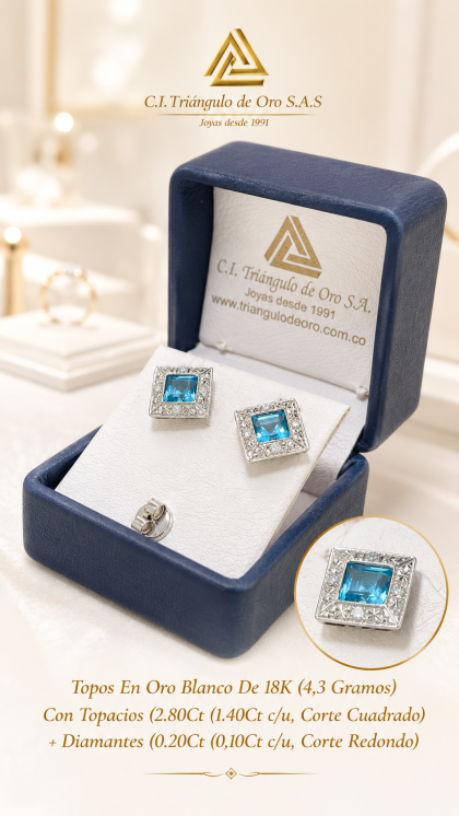 Topos en Oro Blanco de 18K Con Topacio y Diamantes