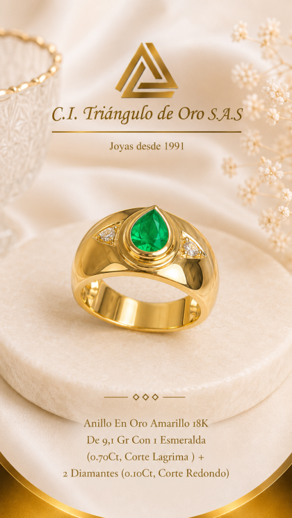 Anillo En Oro Amarillo 18K Con Esmeralda y Diamantes