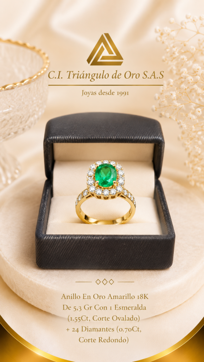 Anillo En Oro Amarillo 18K Con Esmeralda y Diamantes