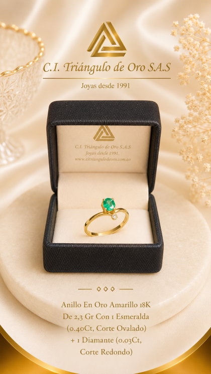 Anillo En Oro Amarillo 18K Con Esmeralda y Diamante