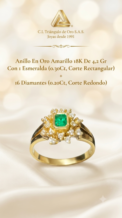 Anillo En Oro Amarillo 18K Con Esmeralda y Diamantes