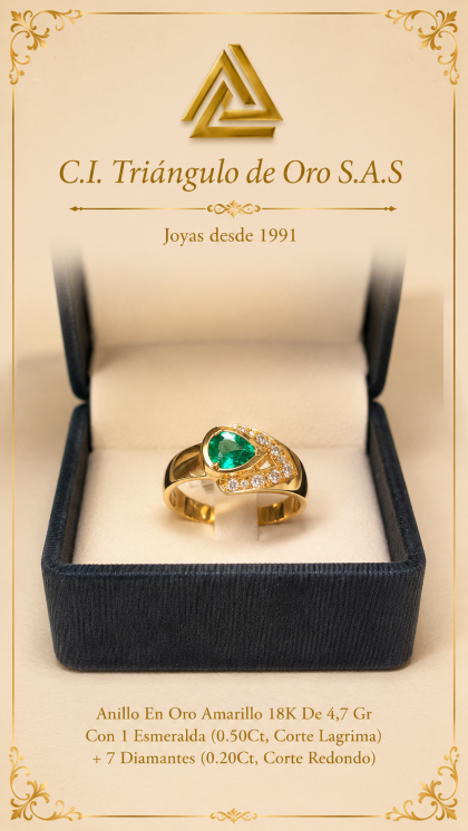 Anillo En Oro Amarillo 18K Con Esmeralda y Diamantes