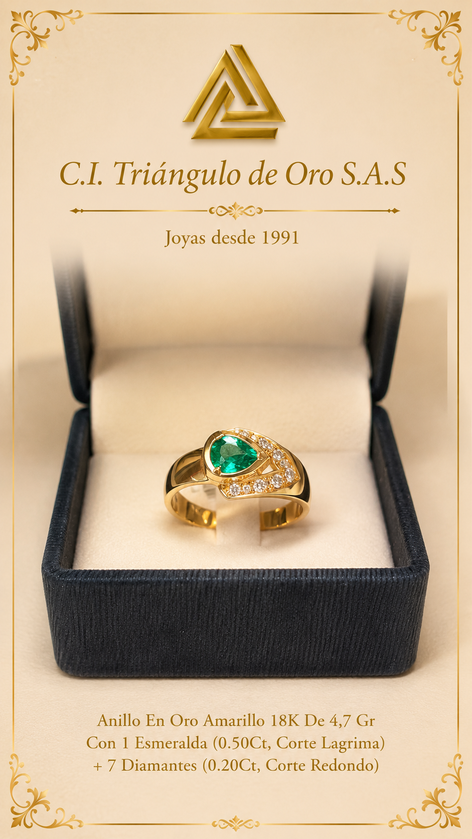 Anillo En Oro Amarillo 18K Con Esmeralda y Diamantes