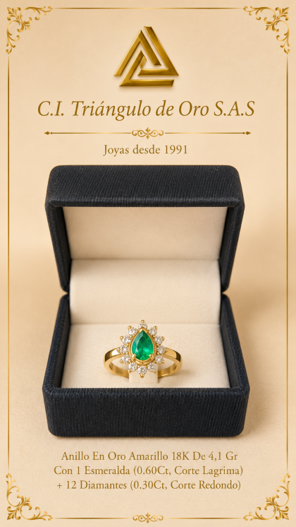Anillo En Oro Amarillo 18K Con Esmeralda y Diamantes