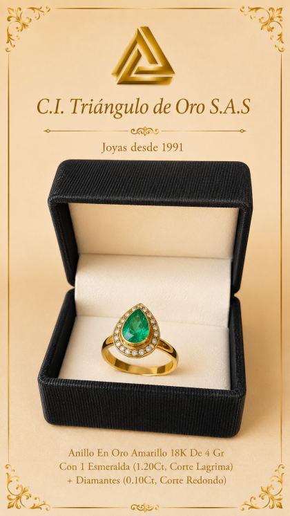 Anillo En Oro Amarillo 18K Con Esmeralda y Diamantes