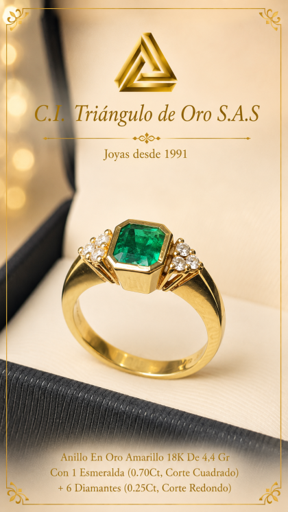 Anillo En Oro Amarillo 18K Con Esmeralda y Diamantes