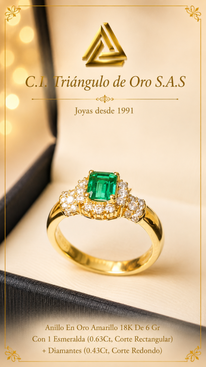 Anillo En Oro Amarillo 18K Con Esmeralda y Diamantes