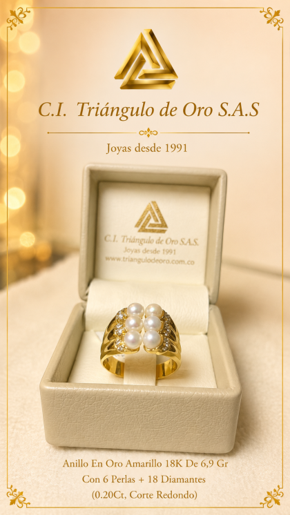 Anillo En Oro Amarillo 18K Con Perlas y Diamantes
