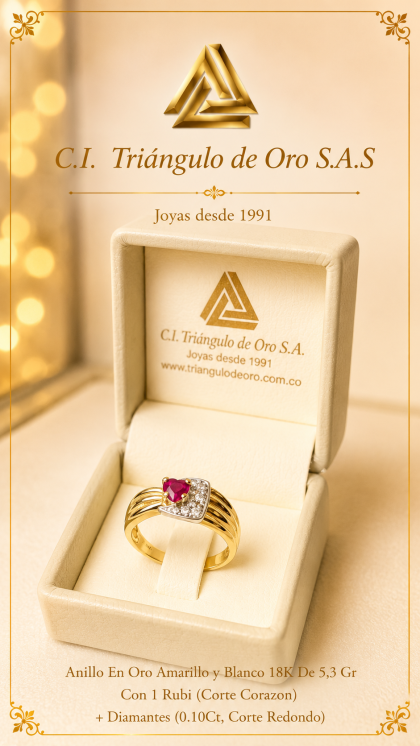Anillo En Oro Combinado 18K Con Rubi y Diamantes