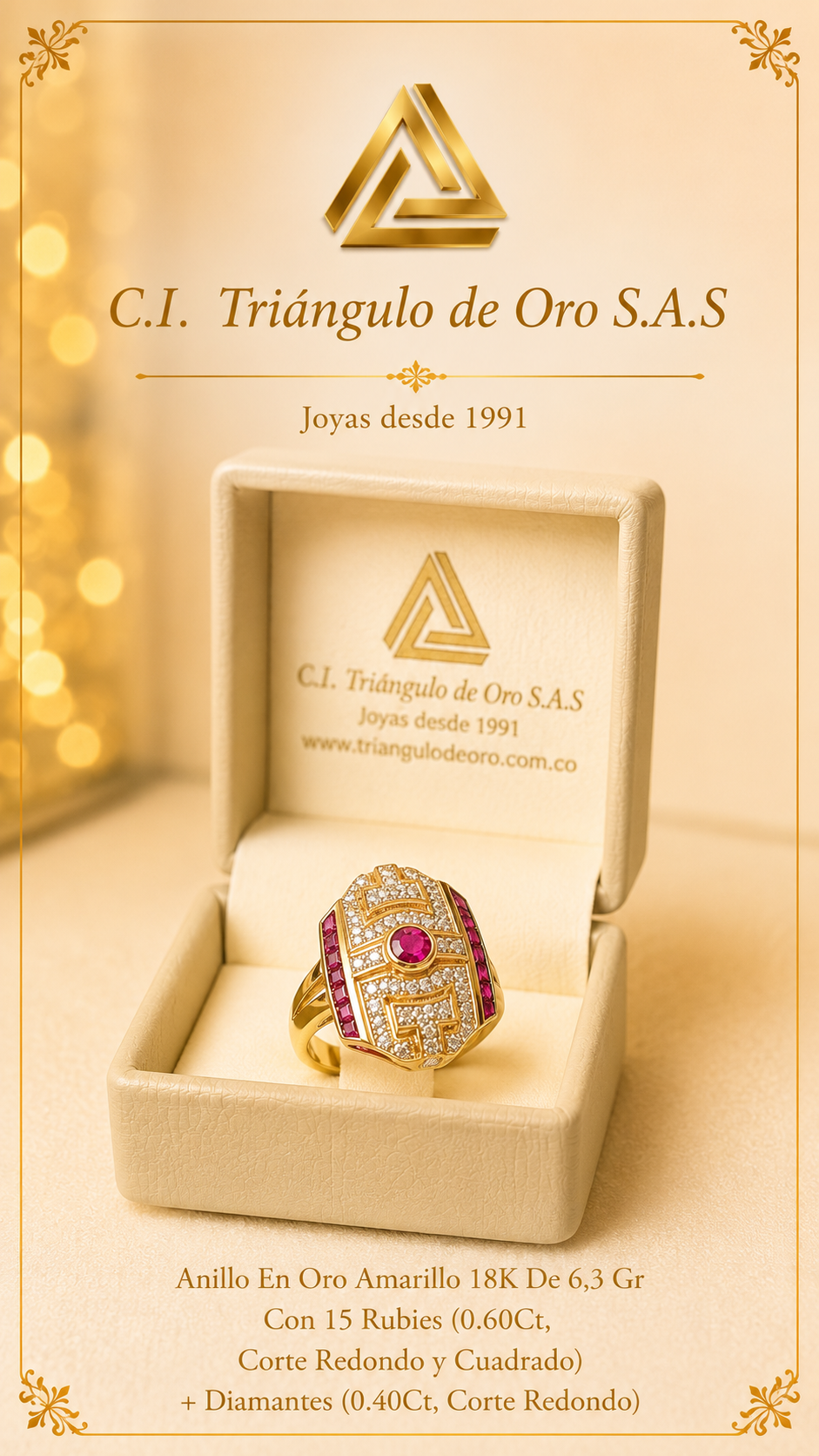 Anillo En Oro Amarillo 18K Con Rubies y Diamantes