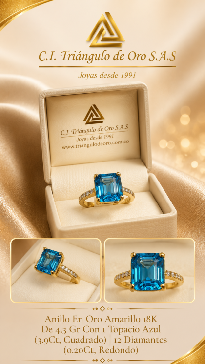 Anillo En Oro Amarillo 18K Con Topacio Azul y Diamantes