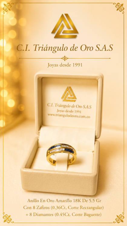 Anillo En Oro Amarillo 18K Con Zafiros y Diamantes
