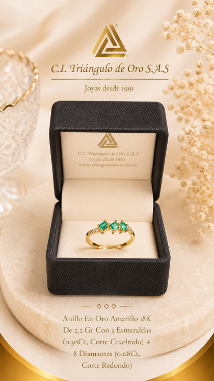 Anillo En Oro Amarillo 18K Con Esmeraldas y Diamantes