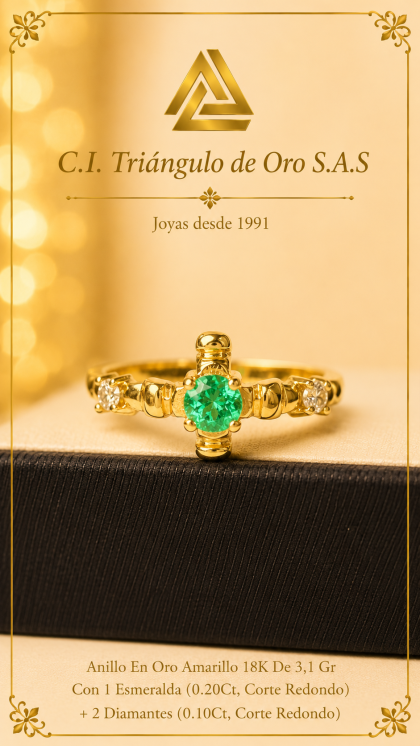 Anillo En Oro Amarillo 18K Con Esmeralda y Diamantes