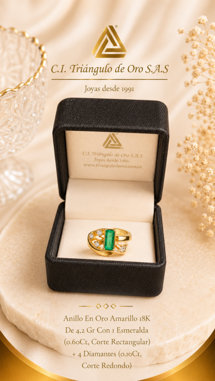 Anillo En Oro Amarillo 18K Con Esmeralda y Diamantes