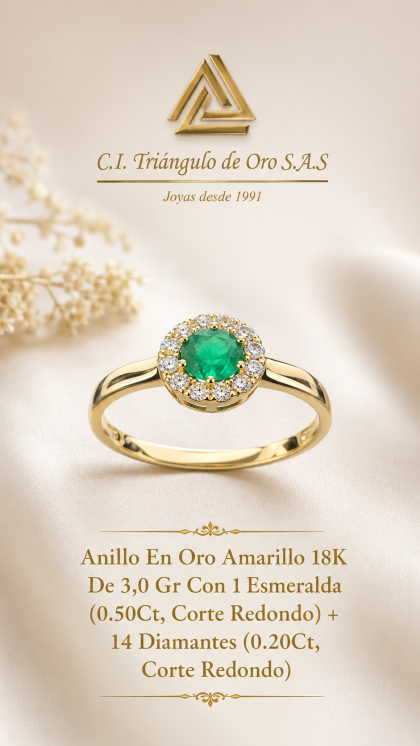Anillo En Oro Amarillo 18K Con Esmeralda y Diamantes