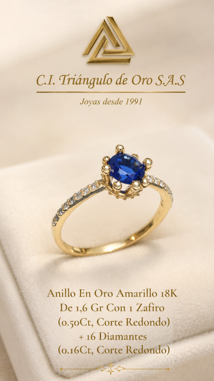 Anillo En Oro Amarillo 18K Con Zafiro y Diamantes