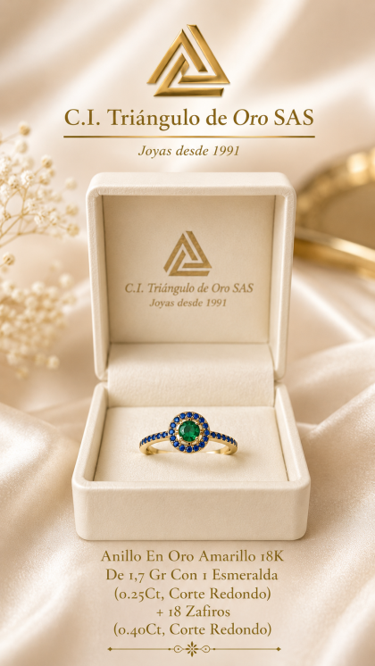 Anillo En Oro Amarillo 18K Con Esmeralda y Zafiros