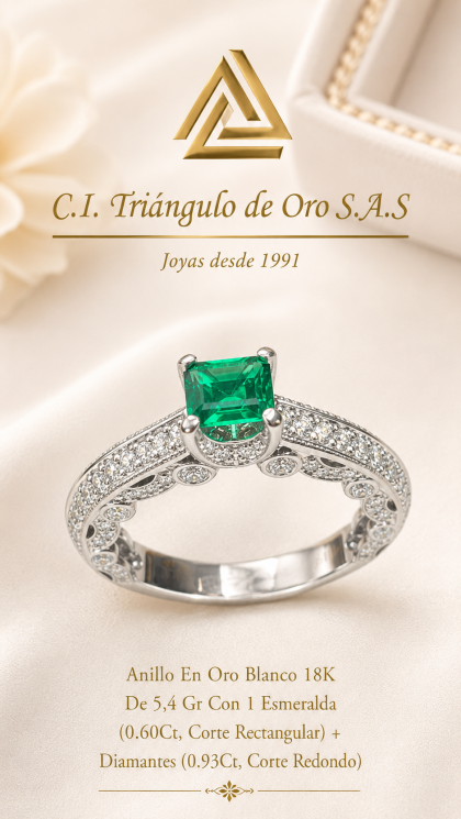 Anillo En Oro Blanco 18K Con Esmeralda y Diamantes