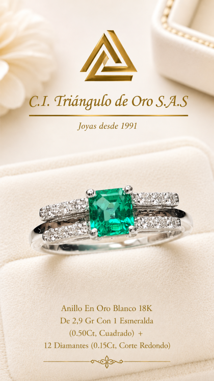 Anillo En Oro Blanco 18K Con Esmeralda y Diamantes