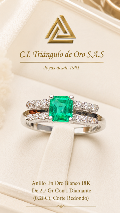 Anillo En Oro Blanco 18K Con Esmeralda y Diamantes