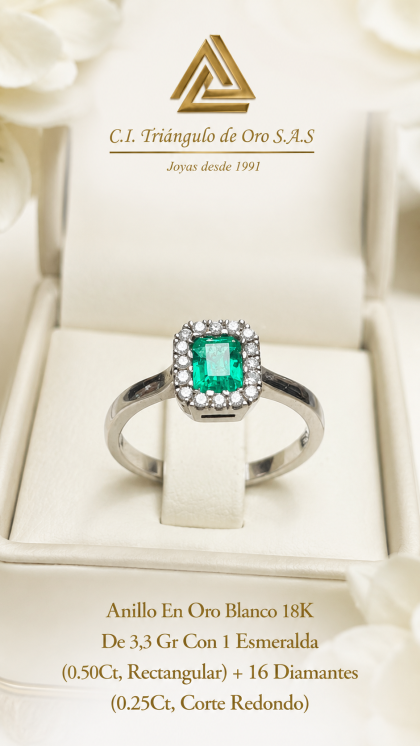 Anillo En Oro Blanco 18K Con Esmeralda y Diamantes