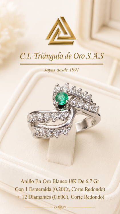 Anillo En Oro Blanco 18K Con Esmeralda y Diamantes
