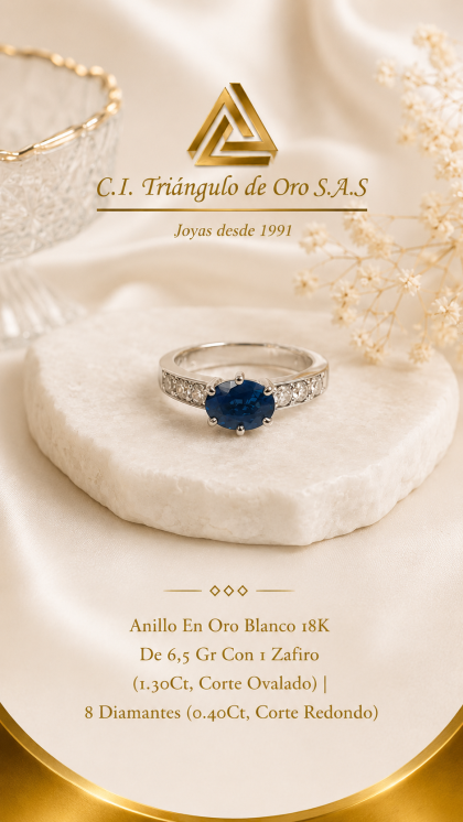 Anillo En Oro Blanco 18K Con Zafiro y Diamantes