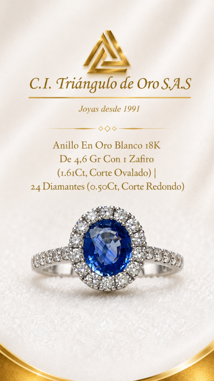 Anillo En Oro Blanco 18K Con Zafiro y Diamantes