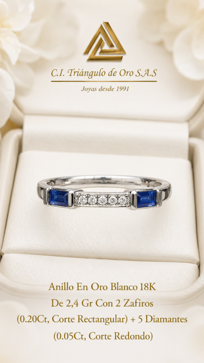 Anillo En Oro Blanco 18K Con Zafiros y Diamantes