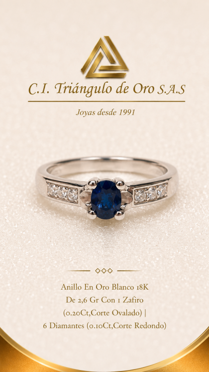 Anillo En Oro Blanco 18K Con Zafiro y Diamantes