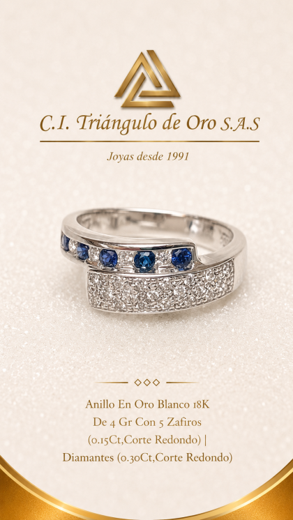 Anillo En Oro Blanco 18K Con Zafiros y Diamantes