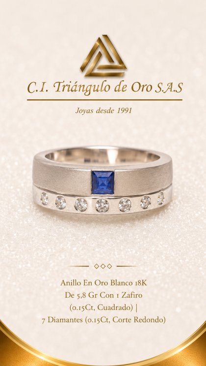 Anillo En Oro Blanco 18K Con Zafiro y Diamantes