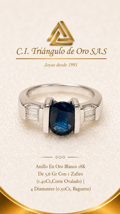 Anillo En Oro Blanco 18K Con Zafiro y Diamantes