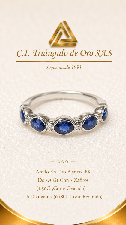 Anillo En Oro Blanco 18K Con Zafiros y Diamantes