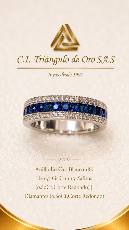 Anillo En Oro Blanco 18K Con Zafiros y Diamantes