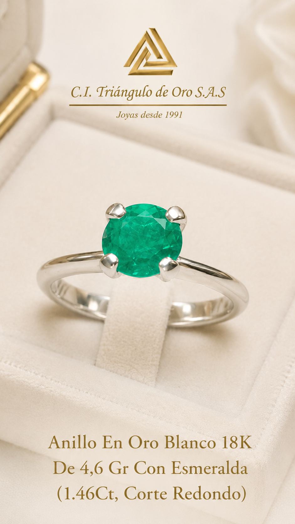 Anillo En Oro Blanco 18K Con Esmeralda