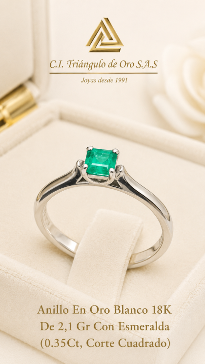 Anillo En Oro Blanco 18K Con Esmeralda