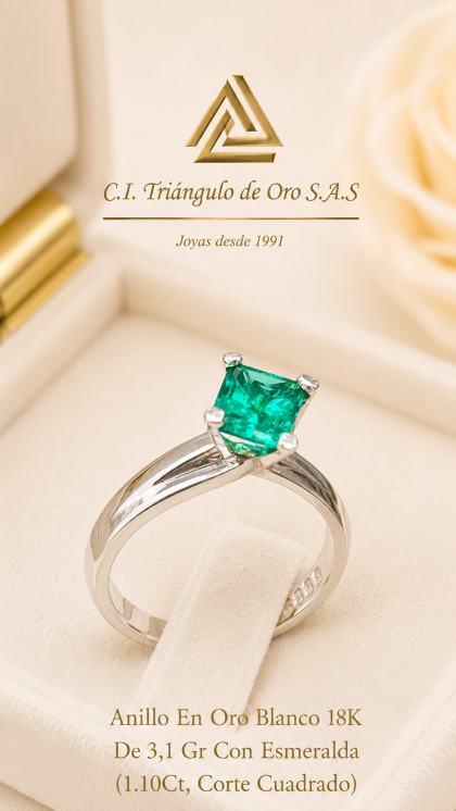 Anillo En Oro Blanco 18K Con Esmeralda